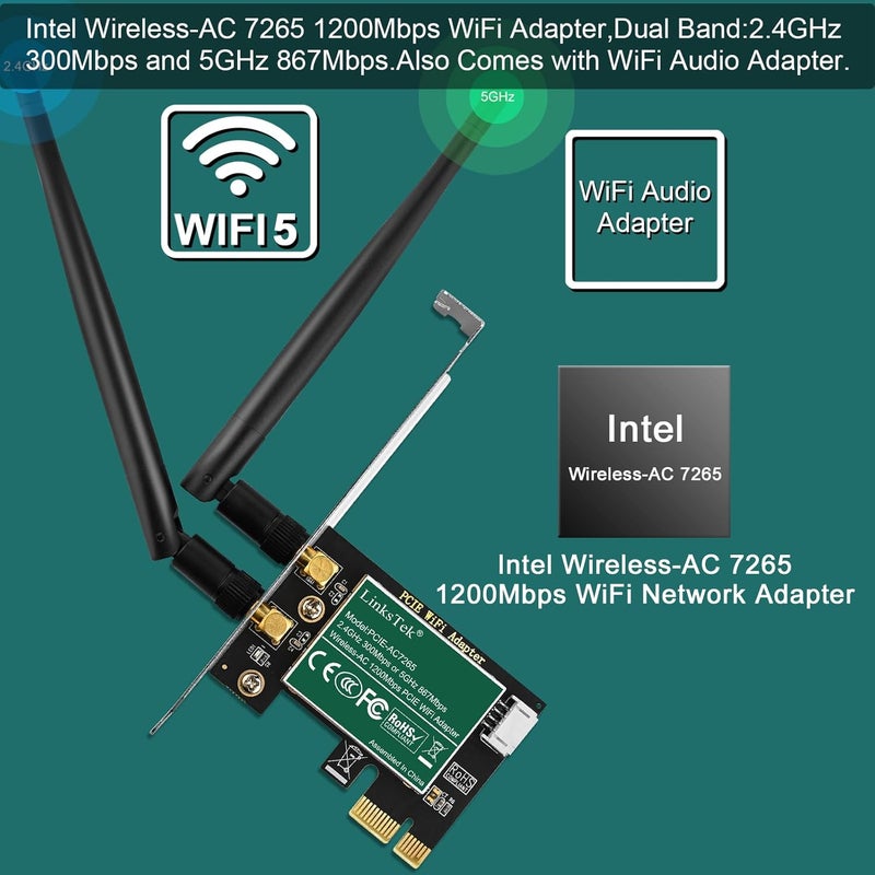 LinksTek Wireless-AC 1200Mbps (2.4GHz 300Mbps and 5GHz 867Mbps) PCIE WiFi Adapter, PCIE WiFi Card, Intel Wireless-AC 7265 Network Adapter for Windows 11,10, 8.x, 7 (32/64bit) Desktop PCs (PCIE-AC7265) - Image 2